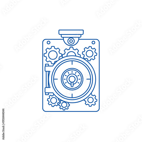 Secure Vault Door with Gears and Surveillance Camera Icon.