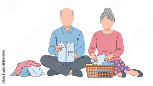 Warmth of Shared Chores: An elderly couple, seated side-by-side, engages in a domestic task of sorting and folding laundry, a simple act embodying comfort and partnership.