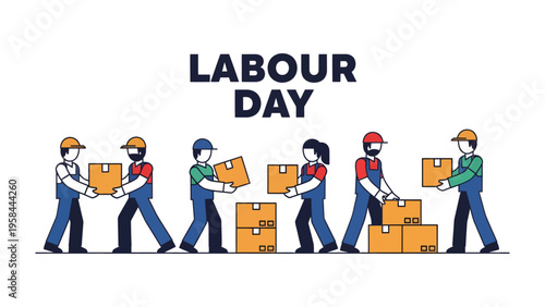 Labor Day Illustration: A dynamic illustration depicting a group of workers collaborating together to handle boxes, embodying hard work and appreciation.