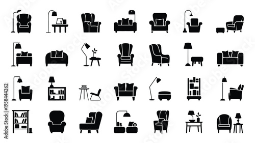 Collection of black furniture icons including sofas armchairs lamps and tables on white background for design and decoration