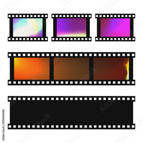 Retro film strip collection. Set of vintage film strips with colorful and transparent frames isolated on transparent background. Realistic 35mm film frame overlays for photo and video design. Vector