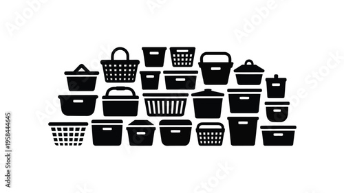 Collection of various black baskets and containers on white background for shopping and storage needs