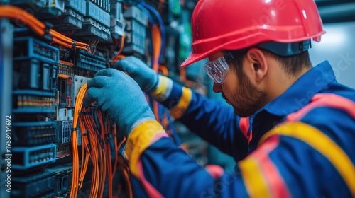 An electrician wearing safety gear works on wiring inside an electrical panel in an industrial setting.