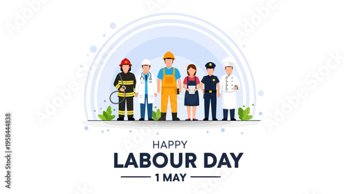 Labour Day Professions: Diverse individuals representing various essential professions stand together, celebrating Labour Day with unity and respect. An inspiring emblem of dedicated workers.