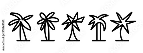 Minimal Tropical Palm Tree Icon Set Outline Summer Nature Exotic Beach Symbol Collection.