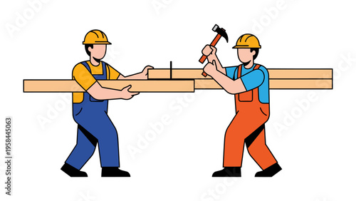 Constructive Collaboration: Two builders work together, hammering nails, a testament to teamwork in construction and engineering, showing unity and efficiency.