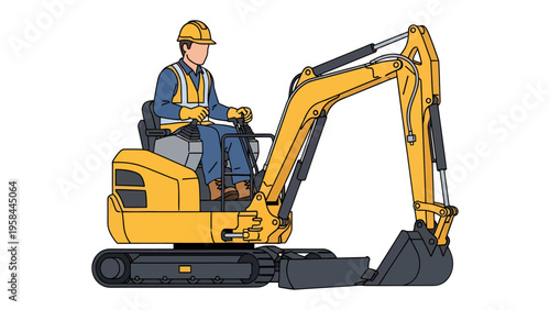 Illustrative Mini Excavator: A detailed digital illustration of a mini excavator with a worker, set against a pristine background, symbolizing construction and industry.