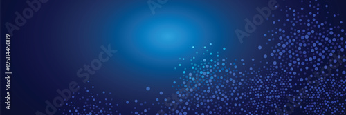 Abstract blue particle wave background with glowing dots on bottom right and copy space for modern technology, science or business banner