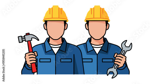 Construction Workers: Illustration featuring two construction workers, each poised with tools representing expertise and collaborative spirit, embodies skilled labor.