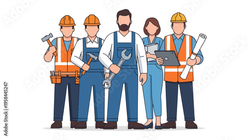 Construction Team: A united team of construction workers, each bearing their own tools of the trade, stand together, ready to build and create.