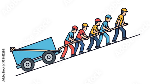 Teamwork Ascent: A group of individuals, united in purpose, collaborate to haul a heavy cart up a steep incline, illustrating shared effort, determination, and the rewards of collective action.
