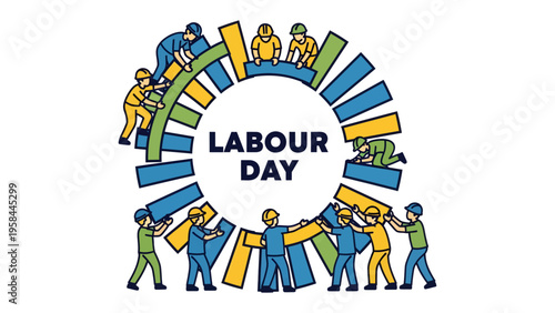 Labor Day Celebration: A group of construction workers, united in solidarity, hold up a banner proudly proclaiming Labor Day, honoring the hard work and dedication of the workforce.