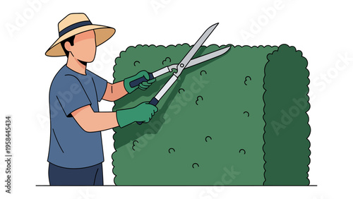 The Gardener's Craft: A figure, clad in work attire, meticulously trims a vibrant hedge with precision, embodying the dedication and art of landscaping.