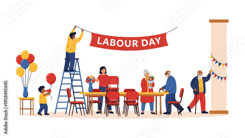 Labor Day Celebration: A diverse group gathers, decorating for a lively Labor Day celebration, highlighting community and festive cheer.