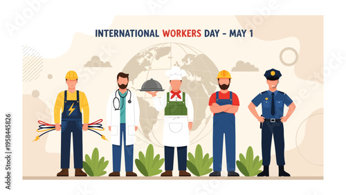 Diverse Workforce on International Workers' Day: A collaborative illustration celebrating the diverse workforce, showcasing various professionals and symbolizing global unity.
