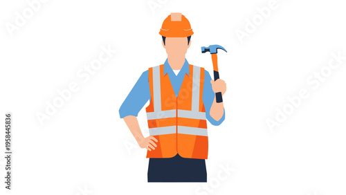 Construction Worker: A construction worker, equipped with a hard hat and safety vest, confidently holds a hammer. This image is perfect for illustrating construction.