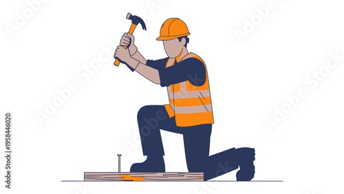 Construction Worker at Work: A construction worker, equipped with a hammer and safety gear, concentrates intently on hammering a nail into wood.