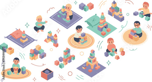Isometric kids playing with building blocks vector illustration set featuring children stacking cubes, creative play activities, and educational toys for early learning design.