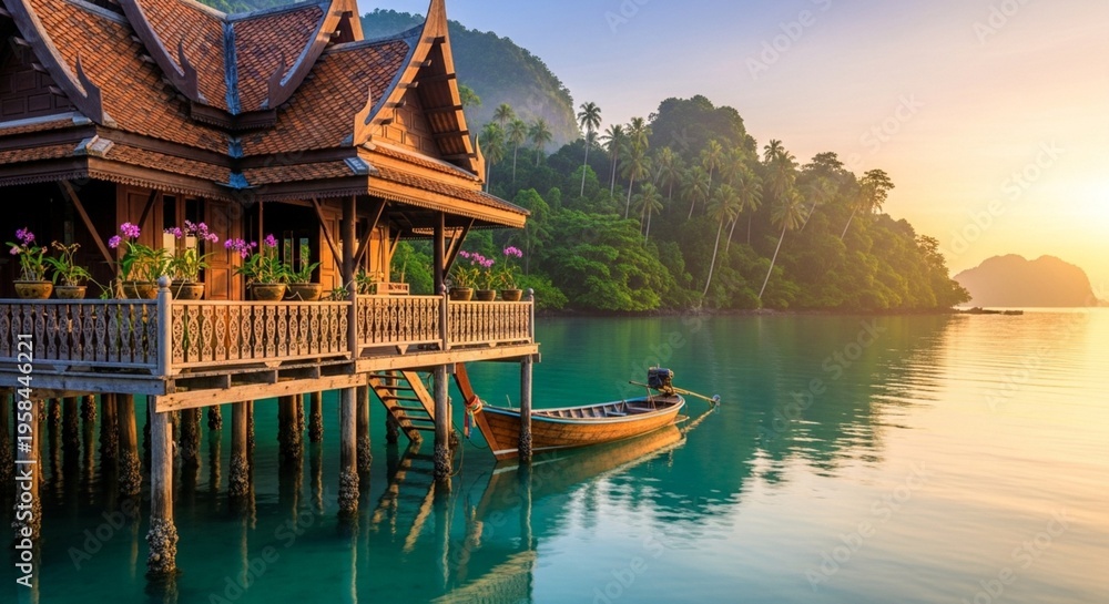 Obraz premium Beautiful Traditional Thai Stilt House Over Calm Tropical Water