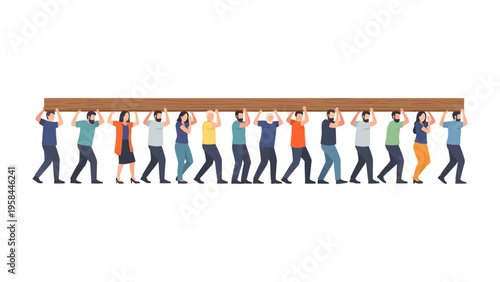 United Effort in Motion: A coordinated group of individuals work in harmony, carrying a large wooden beam, highlighting the power of teamwork and collaborative effort.