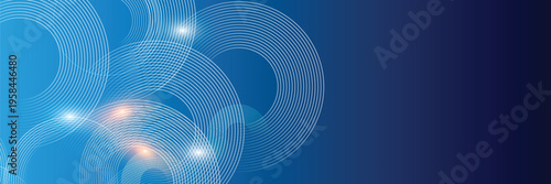 Abstract blue circular line rings technology background with glowing points and gradient copy space for science, data or modern business banner