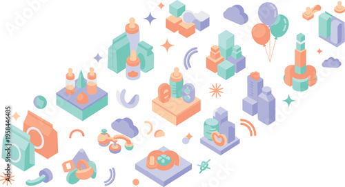 Isometric baby toys and nursery elements vector illustration set with colorful blocks, balloons, pacifiers, and playful child development objects for kids design.