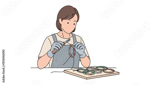 Crafting Beads: A skilled artisan meticulously works on stringing beads, creating intricate jewelry with focused attention and artistic precision.