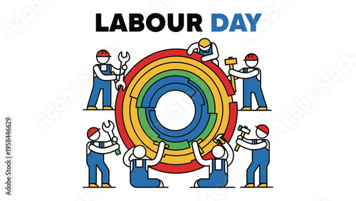 Labor Day Celebration: A graphic depiction of Labor Day, showcasing construction workers, each engrossed in their work around a vibrant circular design. This imagery embodies the essence of labor.