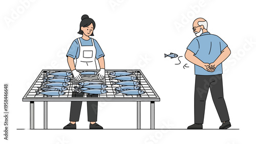 Fish Processing in the factory: In the fish processing plant, employees handle and process fish to maintain its freshness and quality.