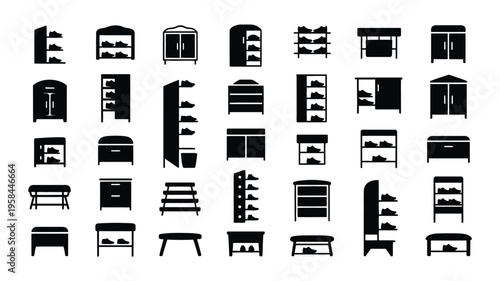 Collection of various black furniture icons including shelves desks and bookcases on white background for design and decoration