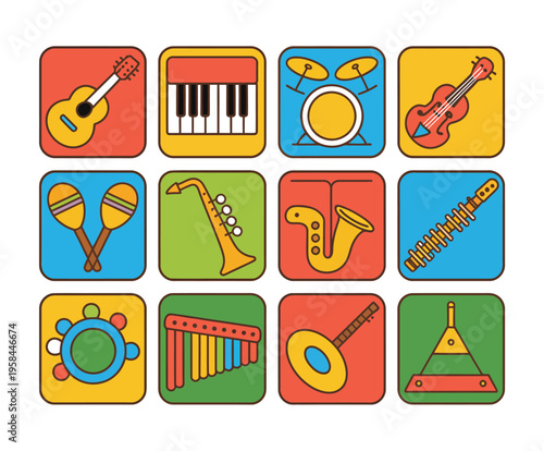 A colorful illustration of various musical instruments for kids