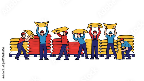 Warehouse Workers and Logistics: An illustration showcases warehouse workers engaged in the movement of sacks, representing the essence of supply chain and logistics.