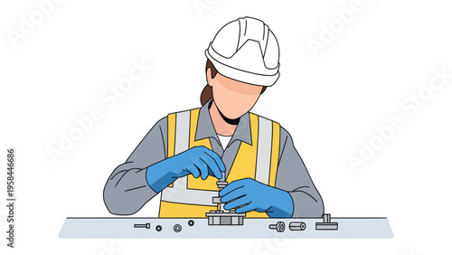Construction Worker at Work: An industrious construction worker, meticulously focused on assembling components, demonstrating skill and dedication in a modern industrial setting.