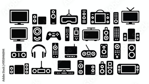 Collection of various electronic devices and gadgets icons on white background