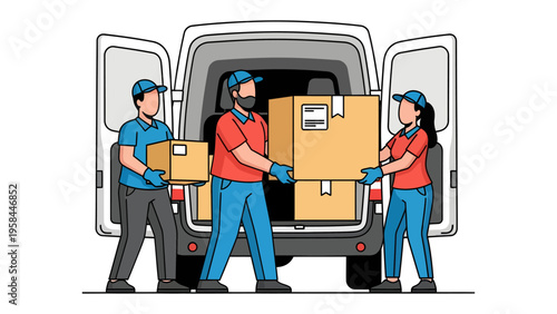 Shipping and Delivery Team: A dedicated team working seamlessly together to load boxes into a delivery van, illustrating the smooth process of transporting goods from origin to destination.