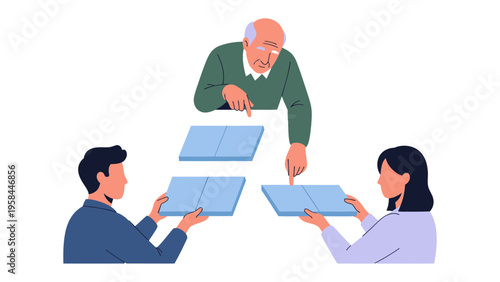Teamwork Puzzle: An older man guides a younger man and woman in fitting together a jigsaw puzzle, symbolizing collaboration and problem-solving.