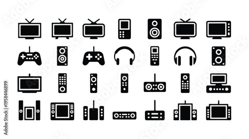 Collection of black and white electronic device icons including tvs game controllers headphones and computers on white background for technology and media concepts