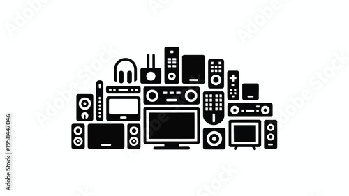 Collection of various electronic devices and gadgets in black and white arranged in a collage on a plain background