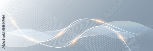 Abstract white wave lines with golden light on gray background, modern technology sound wave banner, elegant flowing line art design
