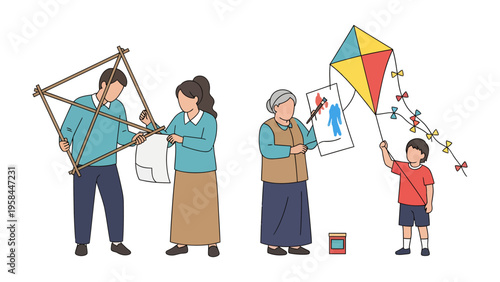 Family kite making: A family engages in crafting a kite, creating a vivid image of generational bonding and shared leisure.