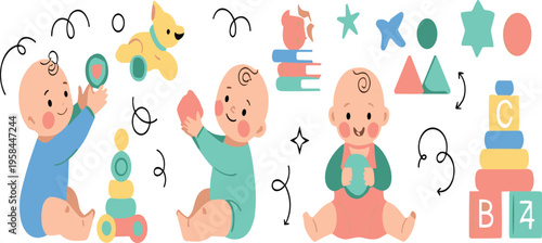 Cute baby learning shapes vector illustration set with infants playing with geometric toys, stacking blocks, and educational activities in colorful nursery scenes.