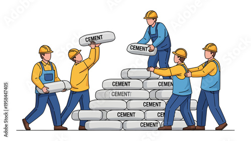 Construction Crew & Cement bags: A coordinated construction crew diligently builds a foundation, each worker carefully placing cement-filled bags in a harmonious display of collaboration.