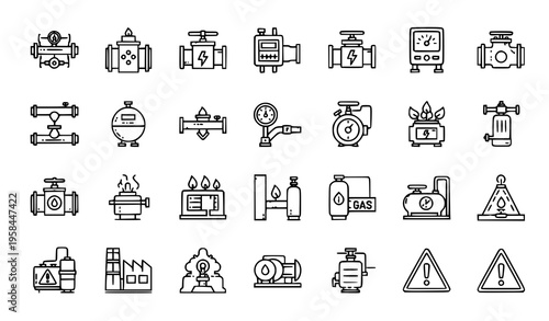 Linear natural gas industry icons with pipeline valve meter flame and energy symbols editable stroke vector