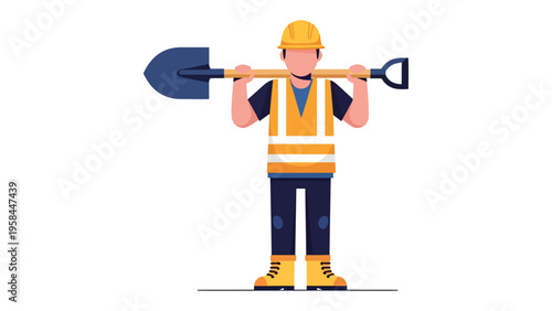 Construction Worker Holding a Shovel: A construction worker stands ready, shovel resting on his shoulder, symbolizing dedication and hard work in the construction field.