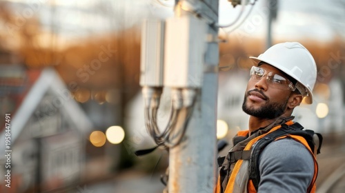 African American male electrical technician wearing safety glasses and hard hat stands beside utility pole with electrical equipment in an urban neighborhood during sunset