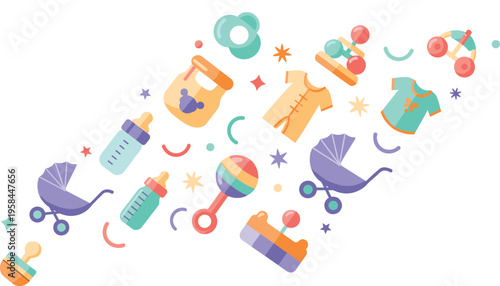 Cute baby essentials vector illustration set with bottles, pacifiers, strollers, clothing, and toys in colorful playful composition for nursery and kids design.