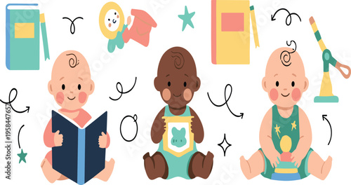 Cute baby learning and education vector illustration with infants reading books, playing with toys, and engaging in early childhood development activities.