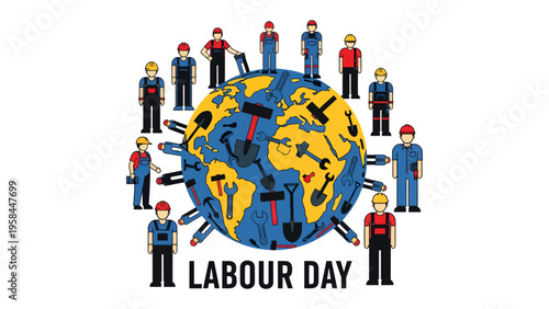 Global Labour Day: This illustration showcases the concept of labour day, featuring construction workers, tools, and the globe, celebrating global labor. 