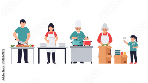 Culinary Community: diverse individuals engaging in a variety of culinary tasks, from chopping fresh produce to preparing hot meals. A heartwarming scene filled with the spirit of togetherness.