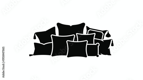 Black pillows stacked in a messy pile with white outlines on a plain background